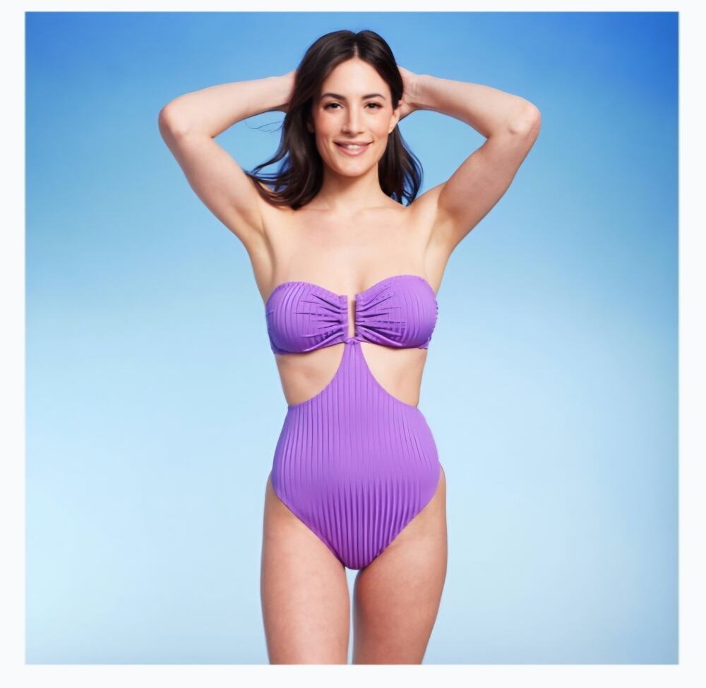 🌻NEW Shade & Shore Purple Ribbed Bandeau Cut Out One Piece Swimsuit Monokini M